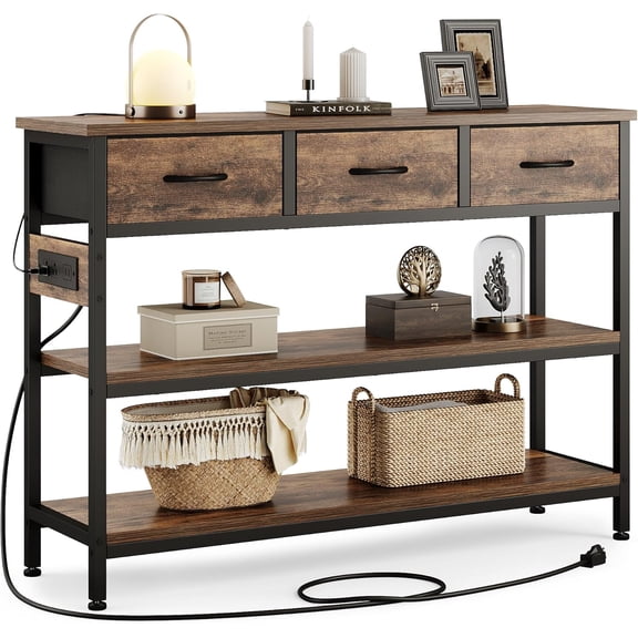 YANGLI 43" Entryway Table with Power Outlets, Console Table with 3 Fabric Drawers, Height Adjustable Sofa Table for Living Room/Hallway/Couch/Foyer, Rustic Brown