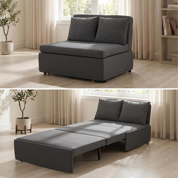 YANGLI 43" W Twin Pull Out Sofa Bed Sleeper Couch, 2-in-1 Convertible Linen Sleeper Chair w/ Pillows & 3.9" Foldable Mattress, for Small Space/Apartment/Loft, Dark Grey