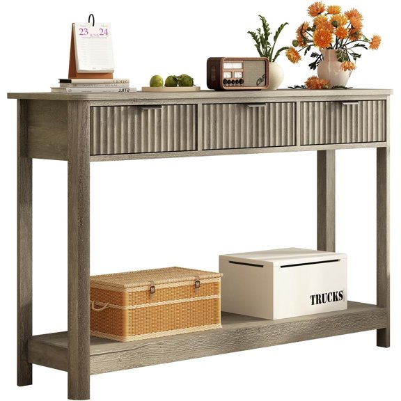 YANGLI 47.2" Fluted Wood Console Table with 3 Drawers & Open Shelf, Modern Farmhouse Sofa & Entryway Table, Narrow Hallway Table, Washed Oak