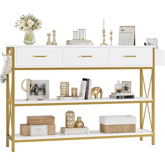 YANGLI 47.2" Industrial Console Table with 3 Drawers & 3-Tier Shelves, Narrow Long Entryway Table, Sofa Foyer Table for Living Room/Hallway/Entry/Kitchen, White/Gold