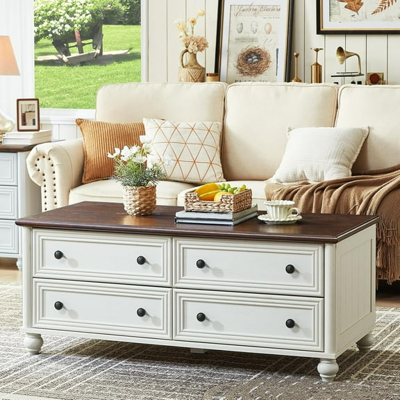 YANGLI 48" Farmhouse Coffee Table with Hidden Storage, Wooden with 4 Drawers & Roman Column Handle, Rectangular Rustic Center Table with Solid Wood Curved Base for Living Room/Office, White