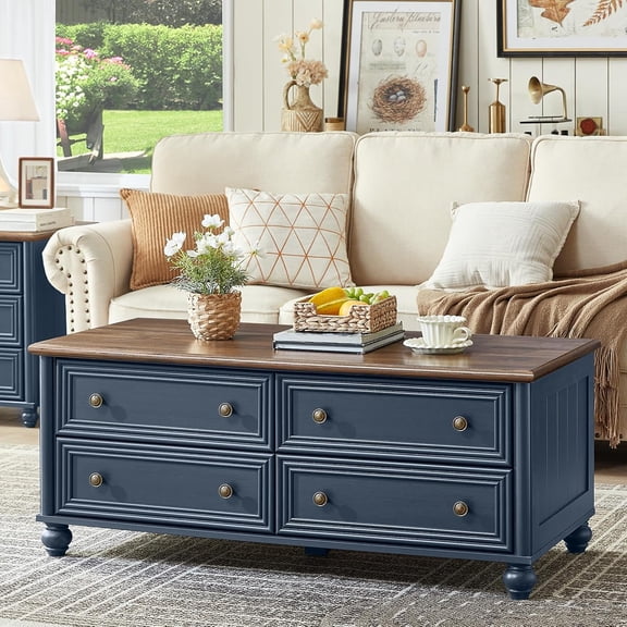 YANGLI 48" Farmhouse Coffee Table with Hidden Storage, Wooden with 4 Drawers & Roman Column Handle, Rectangular Rustic Center Table with Solid Wood Curved Legs for Living Room/Office, Blue