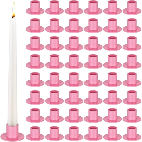 YANGLI 48 Pcs Taper Candle Holders Bulk - Pink Metal Candle Holders for Wedding, Party, Anniversary, Dining Table