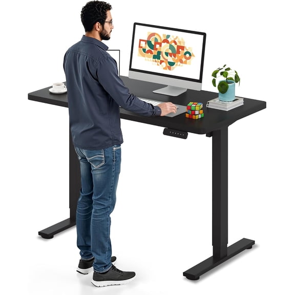 YANGLI 48"x24" Electric Standing Desk, Whole-Piece Desktop, 6-Button Controller, Black Frame + Black Top