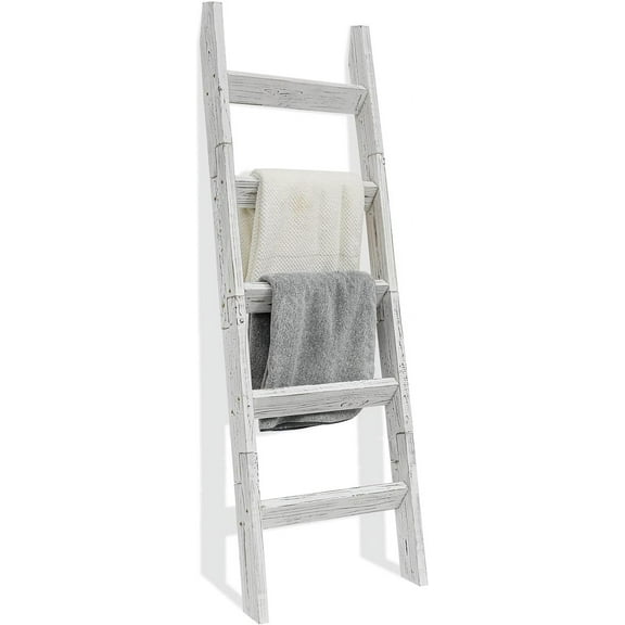 YANGLI 5 Foot Wood Blanket Ladder, Farmhouse Style, Rustic White, Decorative Towel & Quilt Rack for Living Room & Bathroom