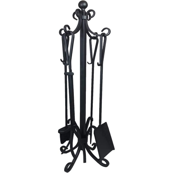 YANGLI 5-Piece Cast Iron Fireplace Tool Set with Stand, Includes Tongs, Shovel, Poker, Brush & Base