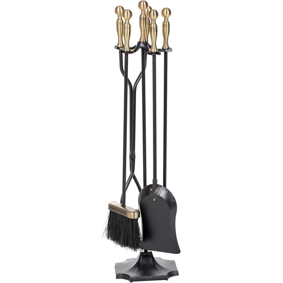 YANGLI 5-Piece Fireplace Tool Set with Brass Handles, Antique Bronze, Wrought Iron, Indoor/Outdoor Use