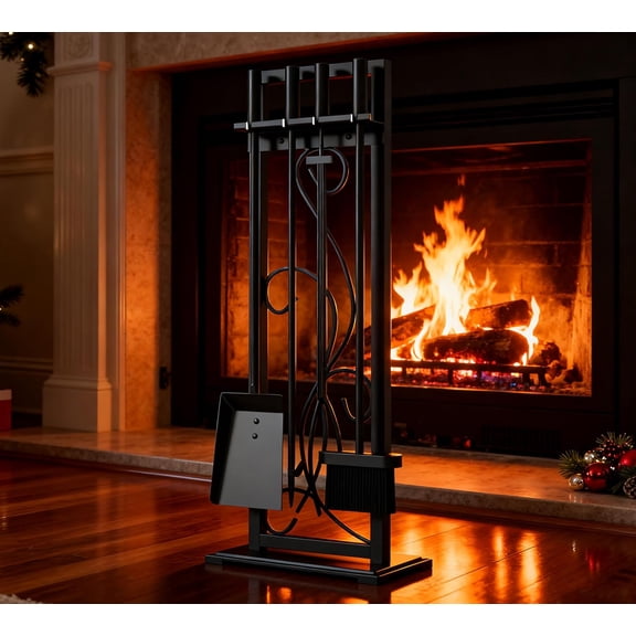 YANGLI 5-Piece Heavy Duty Wrought Iron Fireplace Tool Set, Decorative Black Finish, Indoor/Outdoor Use