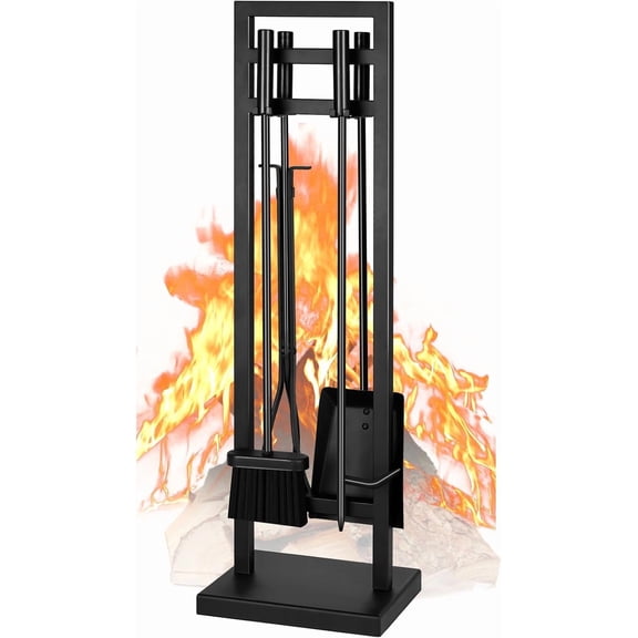 YANGLI 5-Piece Wrought Iron Fireplace Tool Set, 30 Inches, Black, Indoor/Outdoor Use