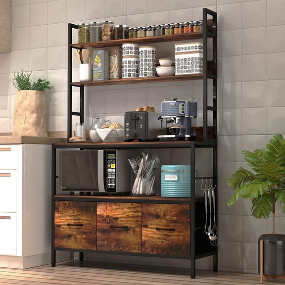 YANGLI 5-Tier Kitchen Bakers Rack with Baskets, Industrial Microwave Stand