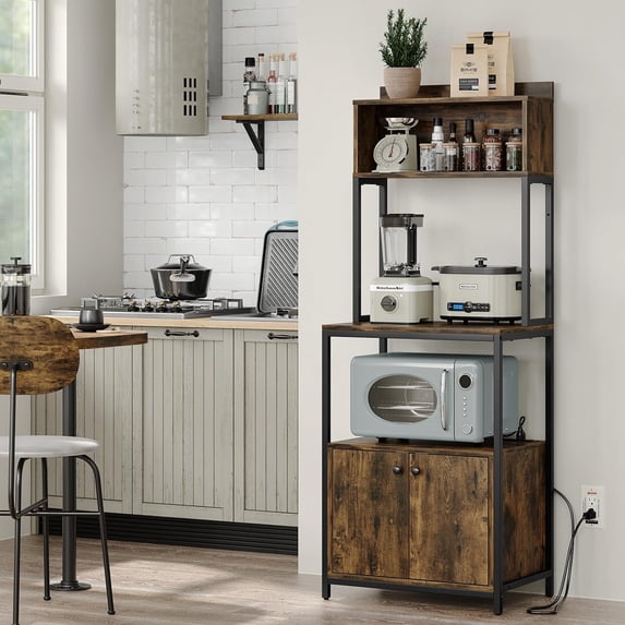 YANGLI 5-Tier Kitchen Bakers Rack with Power Outlet, Industrial Microwave Stand, Rustic Brown
