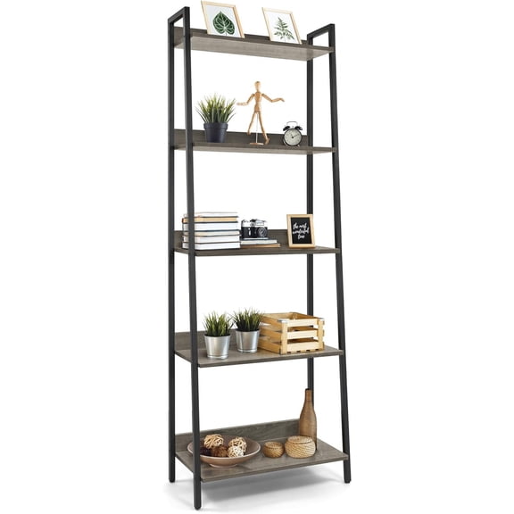 YANGLI 5 Tier Ladder Bookshelf, 24 Inch Width - Free Standing Storage Shelf, Dark Grey