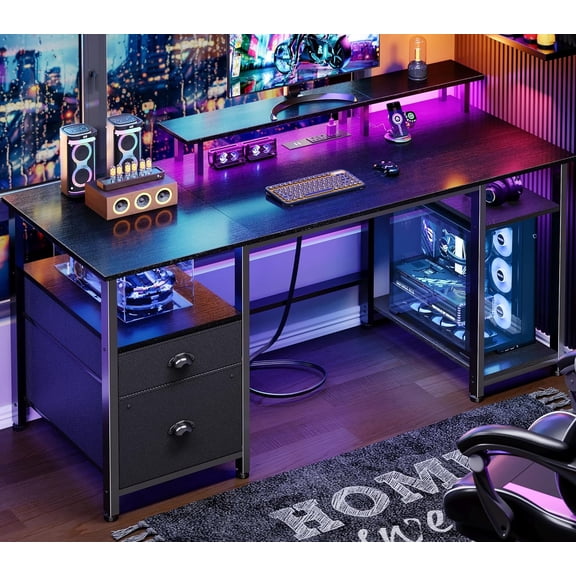 YANGLI 51" Gaming Desk with Power Outlets & LED Lights, Reversible with File Cabinet & Monitor Stand, Storage Shelves & Drawer, Black