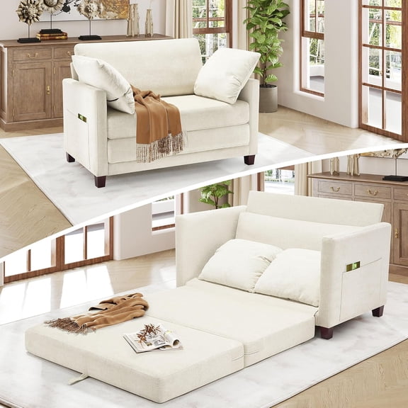 YANGLI 51" Loveseat Sleeper Sofa Bed Chenille Convertible Floor Sofa Bed for Small Spaces Folding Couch Bed with Deep Seat, 2 Pillows & Solid Frame Pull Out Floor Couch for Living Room Beige