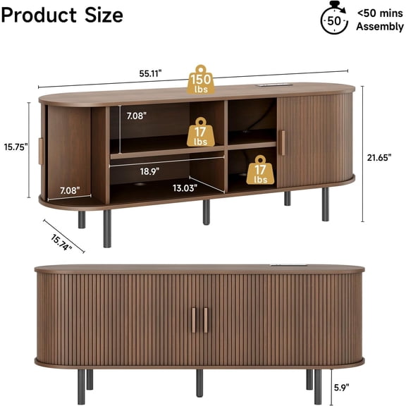 YANGLI 55" TV Stand with Power Outlet for TVs up to 60 Inch, Entertainment Center with Storage and Adjustable Shelves, Modern Media Console with Sliding Doors for Living Room, Walnut