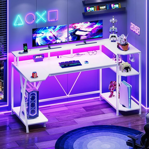 YANGLI 55" White Gaming Desk with LED Lights & Shelves, Monitor Stand, Power Outlets & Cup Holder