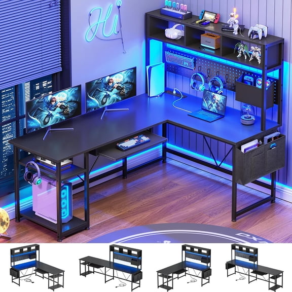 YANGLI 57.5" L-Shaped Gaming Desk with Hutch, Reversible Corner with Shelves, Pegboard, LED Lights, Power Outlet, Keyboard Tray & Storage Bag, Black