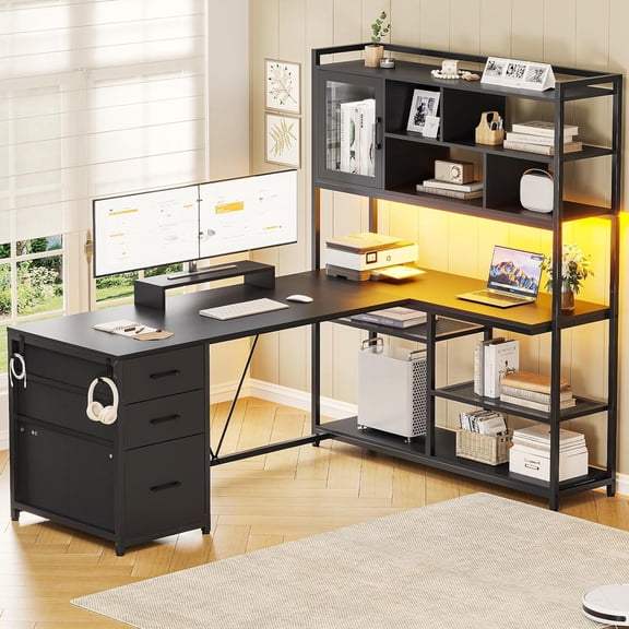 YANGLI 58" L-Shaped Computer Desk with 3 Drawers & Bookshelf, Corner with Shelves & LED Light, Black