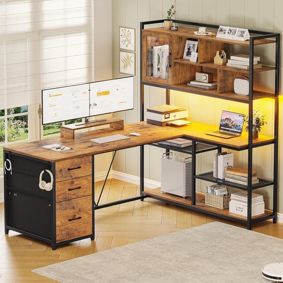 YANGLI 58" L-Shaped Computer Desk with 3 Drawers & Bookshelf, Corner with Shelves & LED Light, Rustic Brown