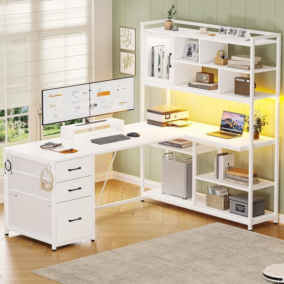 YANGLI 58" L-Shaped Computer Desk with 3 Drawers & Bookshelf, Corner with Shelves & LED Light, White