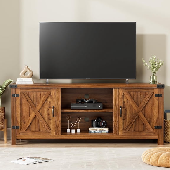 YANGLI 58" Modern Farmhouse TV Stand with Two Barn Doors & Storage Cabinets, Fits 65"+ TV, Walnut