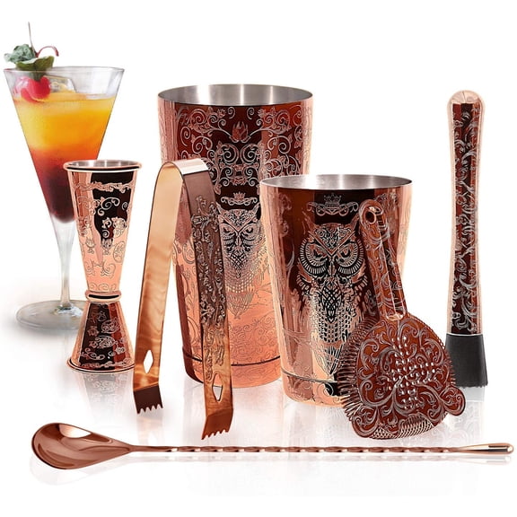 YANGLI 6-Piece Bartender Kit  Copper Stainless Steel Bar Tools with Boston Shaker & Ice Tongs