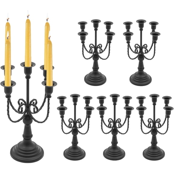 YANGLI 6-Piece Black Iron 5-Arm Vintage Candelabra Set w/ Detachable Base, for Table Centerpiece/Birthday/Holiday/Home