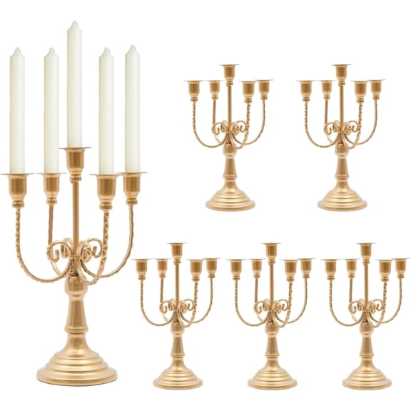 YANGLI 6-Piece Gold Iron 5-Arm Vintage Candelabra Set w/ Detachable Base, for Table Centerpiece/Birthday/Holiday/Home