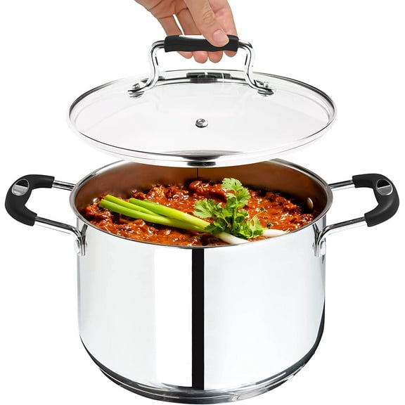 YANGLI 6-Quart Stainless Steel Stock Pot with Clear Glass Lid, Steam Hole & Permanent Measurement Markings, Gas Electric and Induction Compatible
