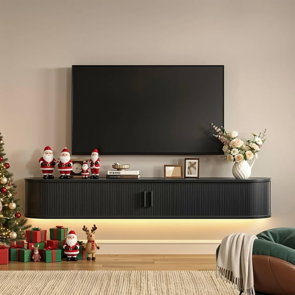 YANGLI 63" Floating TV Stand with Power Outlet & LED Lights (Remote), Fits 75" TV, Fluted Mid-Century Modern with Sliding Door, Black
