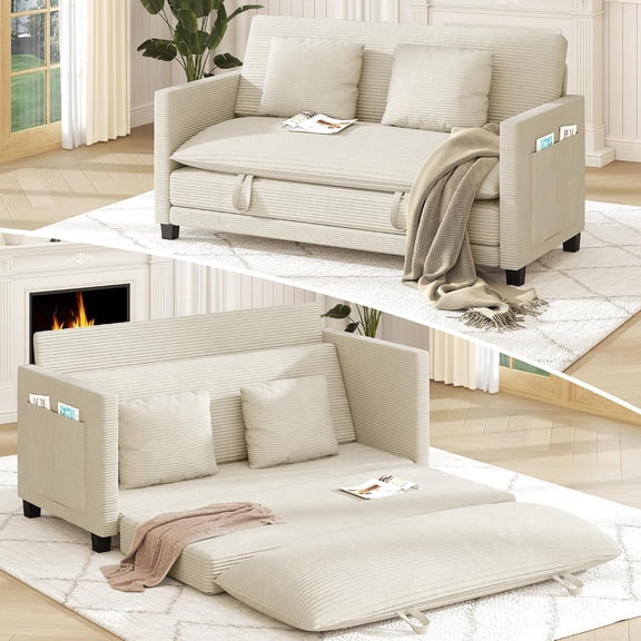 YANGLI 65" Convertible Loveseat Sleeper Sofa Bed w/ Storage Pockets & 2 Pillows, 2-in-1 Folding Couch for Small Spaces, Modern Corduroy, for Apartment/Living/Guest Room, Beige