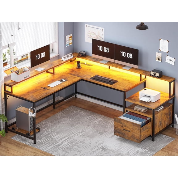 YANGLI 66" L-Shaped Office Desk, Corner with Wood File Drawer & Power Outlet, LED Lights, Monitor Shelf, Printer Shelves, Rustic Brown