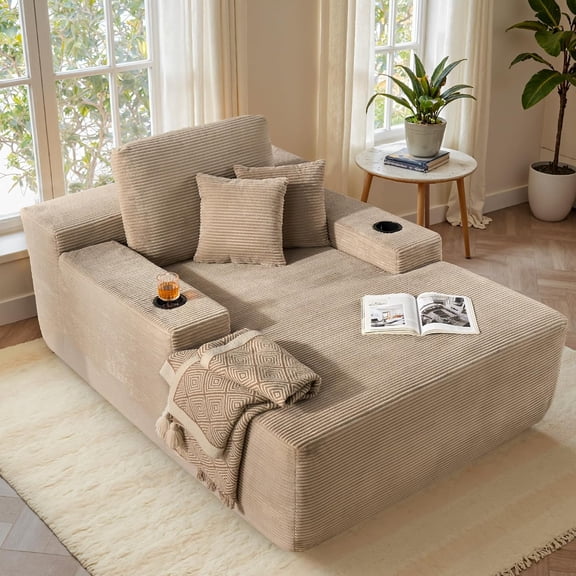 YANGLI 67" Chaise Lounge Chair Indoor, Oversized Upholstered Boneless Sofa Bed w/ Cup Holders, Deep Seat Sleeper Couch, Plush Cloud Sofa, Corduroy, Camel