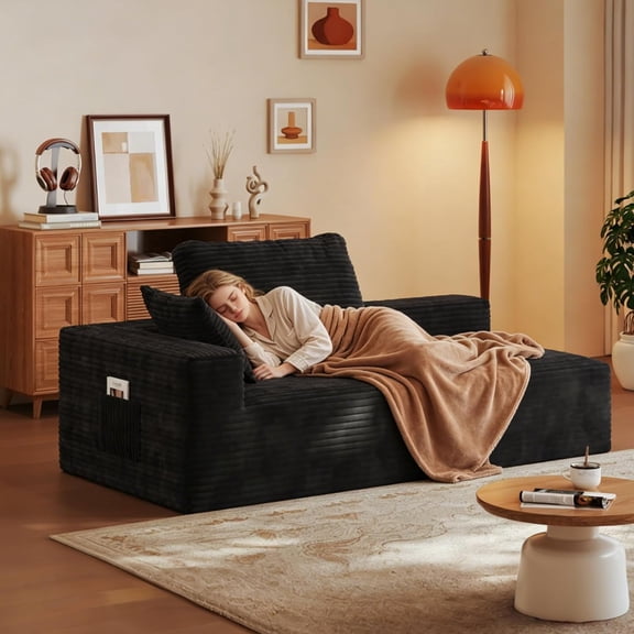 YANGLI 67" Sofa Bed, Boneless Cloud Couch, Rectangular Couch for Living Room, One-Piece Chaise Lounge w/ Pillows, Flannel Comfy Floor Sofa, Black, Horizontal Left Armrest Facing Chaise