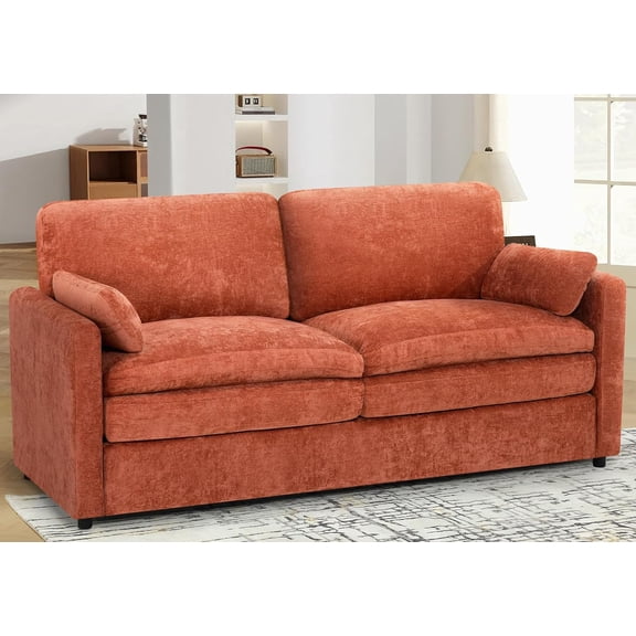 YANGLI 69" Chenille Soft Sofa w/ Well-Filled Backrests, Modern Loveseat w/ Plump Pillows, 2-Seater Upholstered Couch w/ Thick Comfy Cushions, for Living Room/Bedroom, Orange
