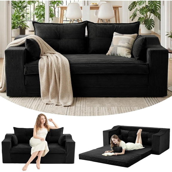 YANGLI 70" Oversized Convertible Tri-fold Sofa Bed 2-in-1 Boneless Loveseat Sofa Couch with 4 Pillows Pull Out Couch for Living Room, Apartment No Assembly Required Corduroy Black