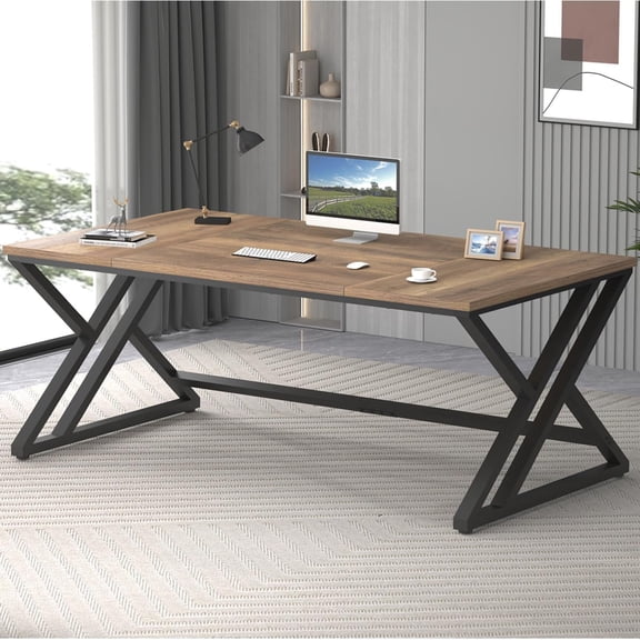 YANGLI 70" Rustic Large Computer Desk, Industrial Extra Long, Farmhouse Workstation for 2, Rustic Oak