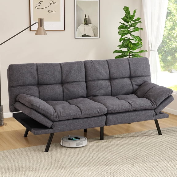 YANGLI 71" Futon Sofa Bed, Convertible Guest Bed & Loveseat | Cozy Linen Fabric w/ Adjustable Positions, for Living Rooms Deep Gray
