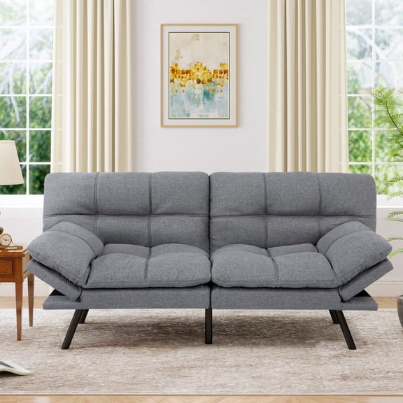 YANGLI 71" Futon Sofa Bed, Cozy Convertible Loveseat Sleeper, Linen Fabric Couch w/ Adjustable Back & Arms for Living Room/Guest Room Ash Gray