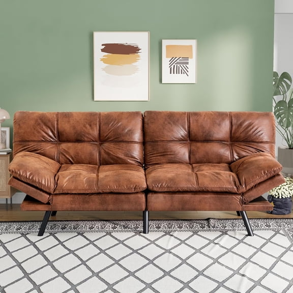 YANGLI 71" L Convertible Futon Sofa Bed, Faux Leather Futon Couch, Memory Foam Modern Loveseat Sleeper, Small Splitback Sofa Couch for Living Room/RV/Home Office/Apartment, Brown