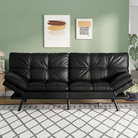 YANGLI 71" L Convertible Futon Sofa Bed, Faux Leather Futon Couch, Memory Foam Modern Loveseat Sleeper, Small Splitback Sofa Couch for Living Room/RV/Home Office/Apartment, Black