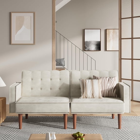 YANGLI 71" Velvet Futon Sofa Bed, Versatile Loveseat Couch, Sleeper Sofa w/ Adjustable Backrest, Mid-Century Modern Futon for Small Space/Living Room/Office/Apartment, Velvet Beige