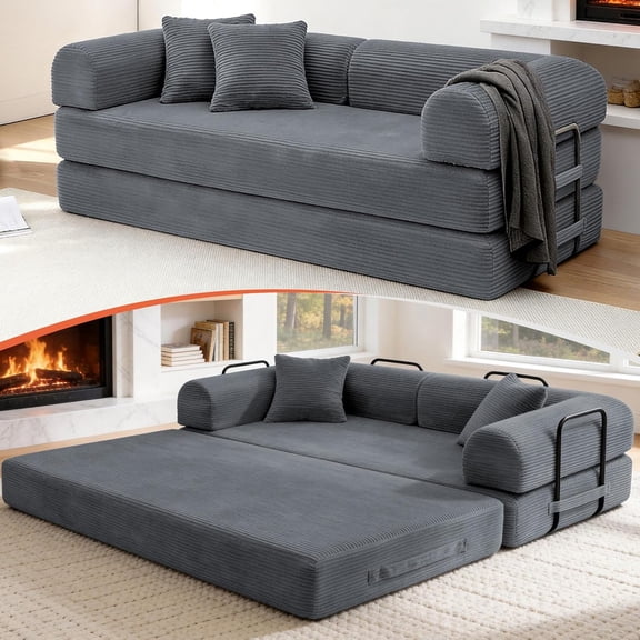 YANGLI 79" Convertible Sofa Bed Boneless Couch-in-a-Box Corduroy Floor Futon Loveseat Sleeper 26" Deep Seat Removable Machine-Wash Covers No Assembly 2 Pillows Dark Grey