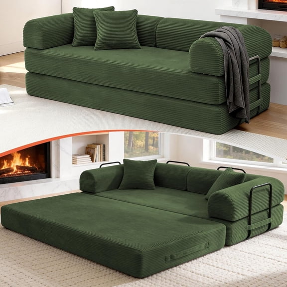 YANGLI 79" Convertible Sofa Bed  Boneless Couch-in-a-Box  Corduroy Floor Futon Loveseat Sleeper  26" Deep Seat  Removable Machine-Wash Covers  No Assembly  2 Pillows  Forest Green