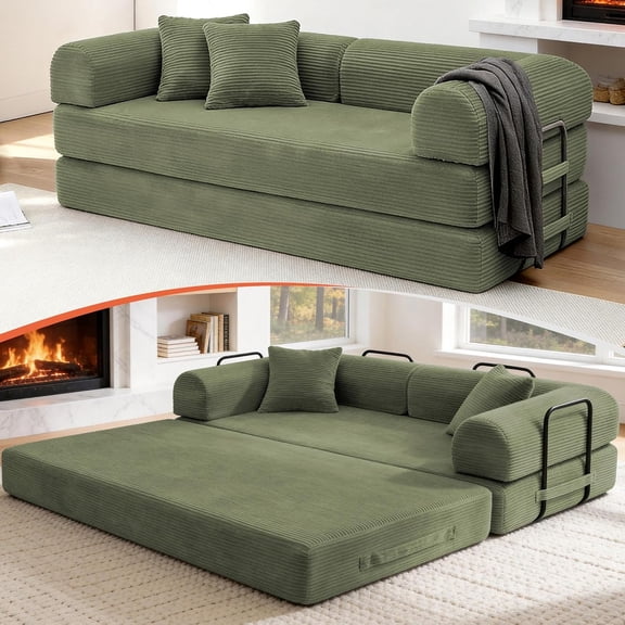 YANGLI 79" Convertible Sofa Bed Boneless Couch-in-a-Box Corduroy Floor Futon Loveseat Sleeper 26" Deep Seat Removable Machine-Wash Covers No Assembly 2 Pillows Olive Green