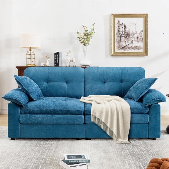 YANGLI 84" Loveseat Sofa, Modern Couch for Living Room, Double-Layer Cushion Cloud Couch w/ Deep Seat, Super Comfy Chenille, Sturdy Frame, Easy Assembly, for Bedroom/Apartment/Office, Blue