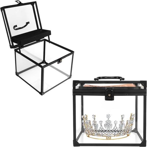 YANGLI 9-Inch Wide Pageant Crown Box with Sash Holder, Clear Acrylic Display Case, Black