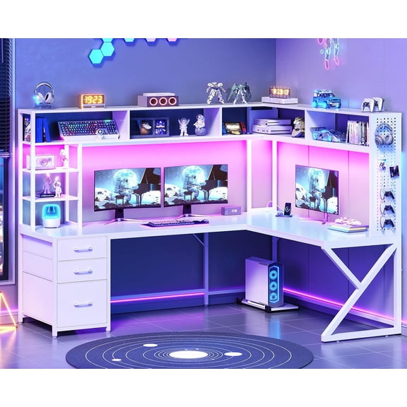YANGLI 94.5" Convertible Corner Computer Desk, Gaming Desk with Drawers, Hutch & Pegboard, Power Outlet, LED Lights, White