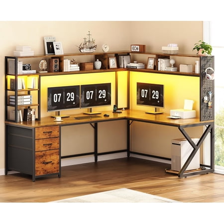 YANGLI 94.5" L-Shaped Desk with Hutch & 3 Drawers, File Drawer, Power Outlet, LED Lights, Storage & Pegboard, Brown