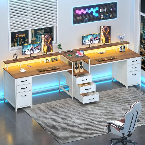YANGLI 98.4" Long Computer Desk with 9 Drawers, 2-Person Gaming Desk with LED Lights & Power Outlet, Printer Shelf & Monitor Stand, Brown & White